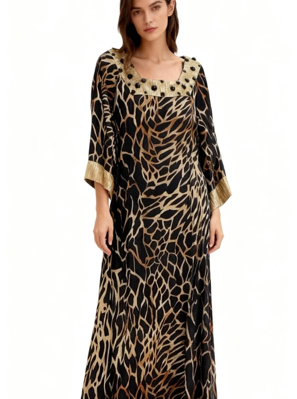 Soft Surroundings Square-Neck Emblished Maxi Caftan Dress